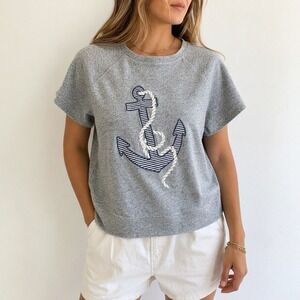 J.Crew Gray Nautical Anchor Applique Short Sleeve Cotton Sweatshirt Top Womens M